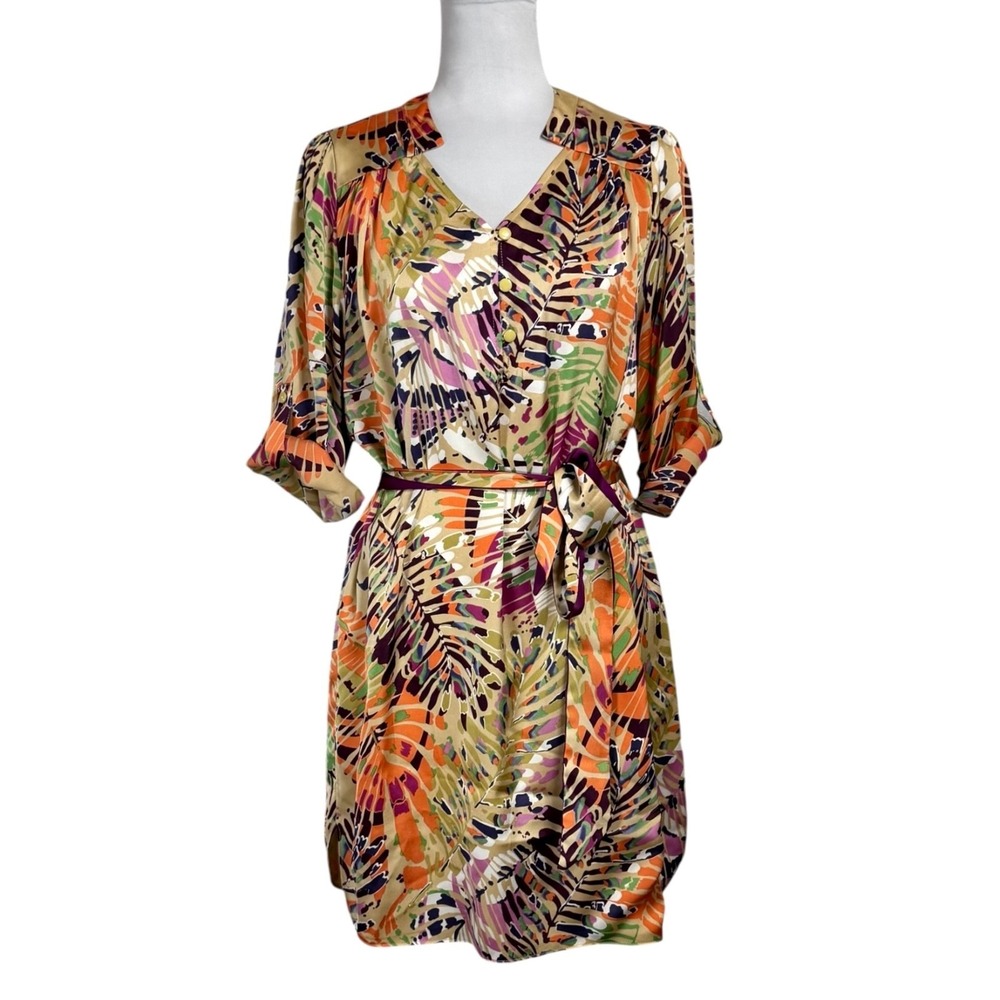 Jade Melody Tam Tropical Satin Floral Dress Size L‎ Belted Shift Jungle Resort